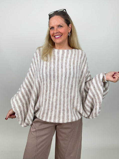 Pullover mit Fledermaus-Ärmeln Streifen in Taupe/Creme