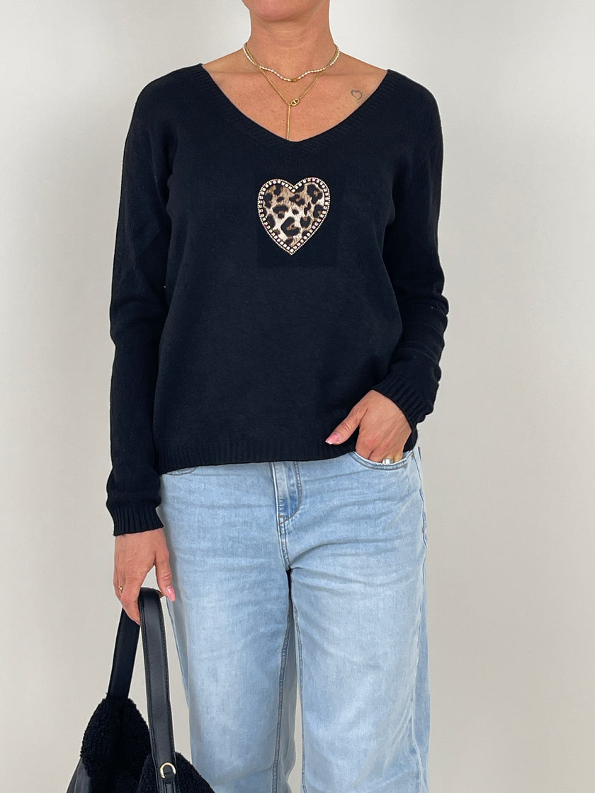 Pullover Feinstrick mit Herz in Schwarz Art. 6381
