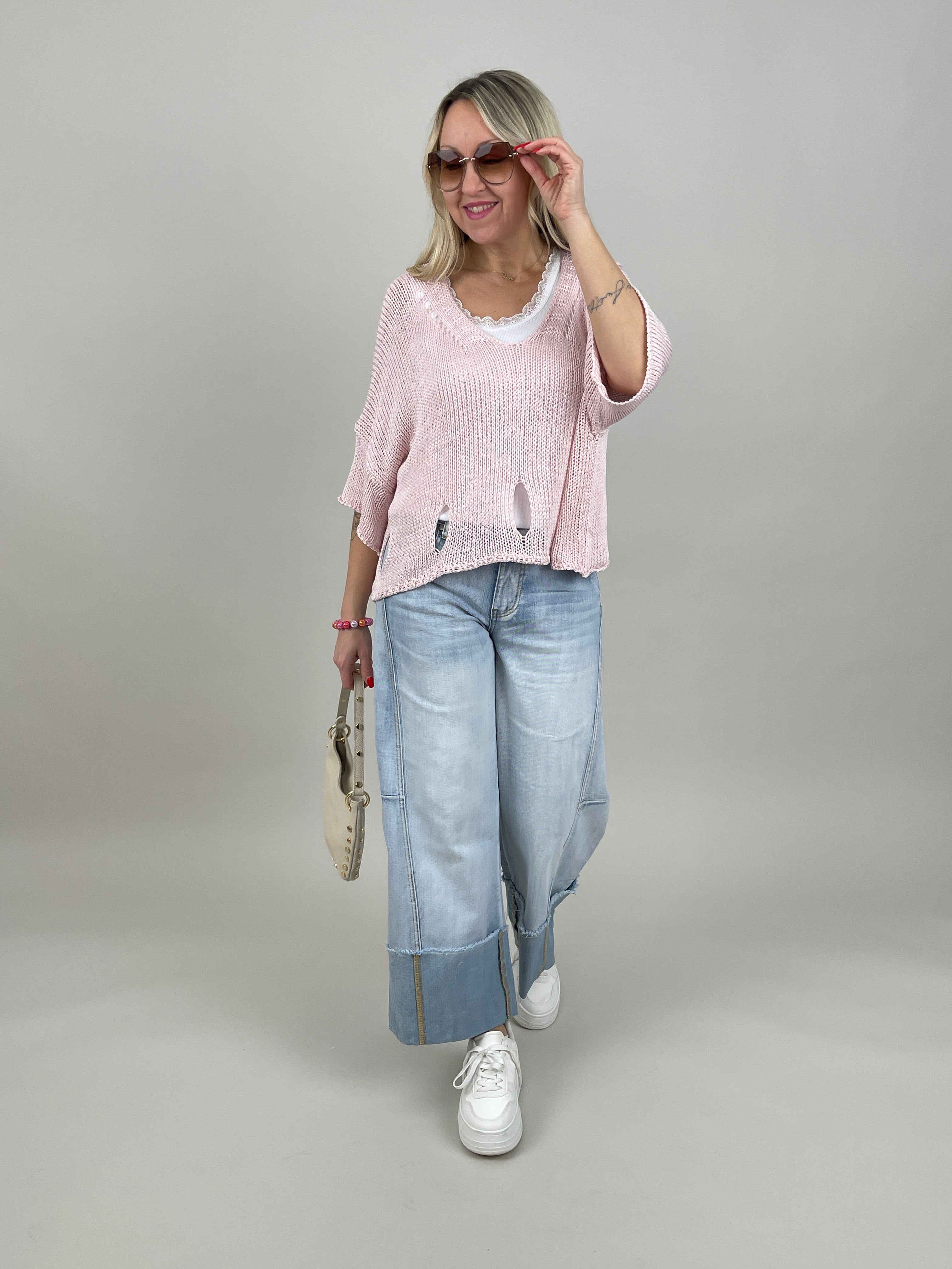 Pullover Kurzarm Lochmuster in Rosa