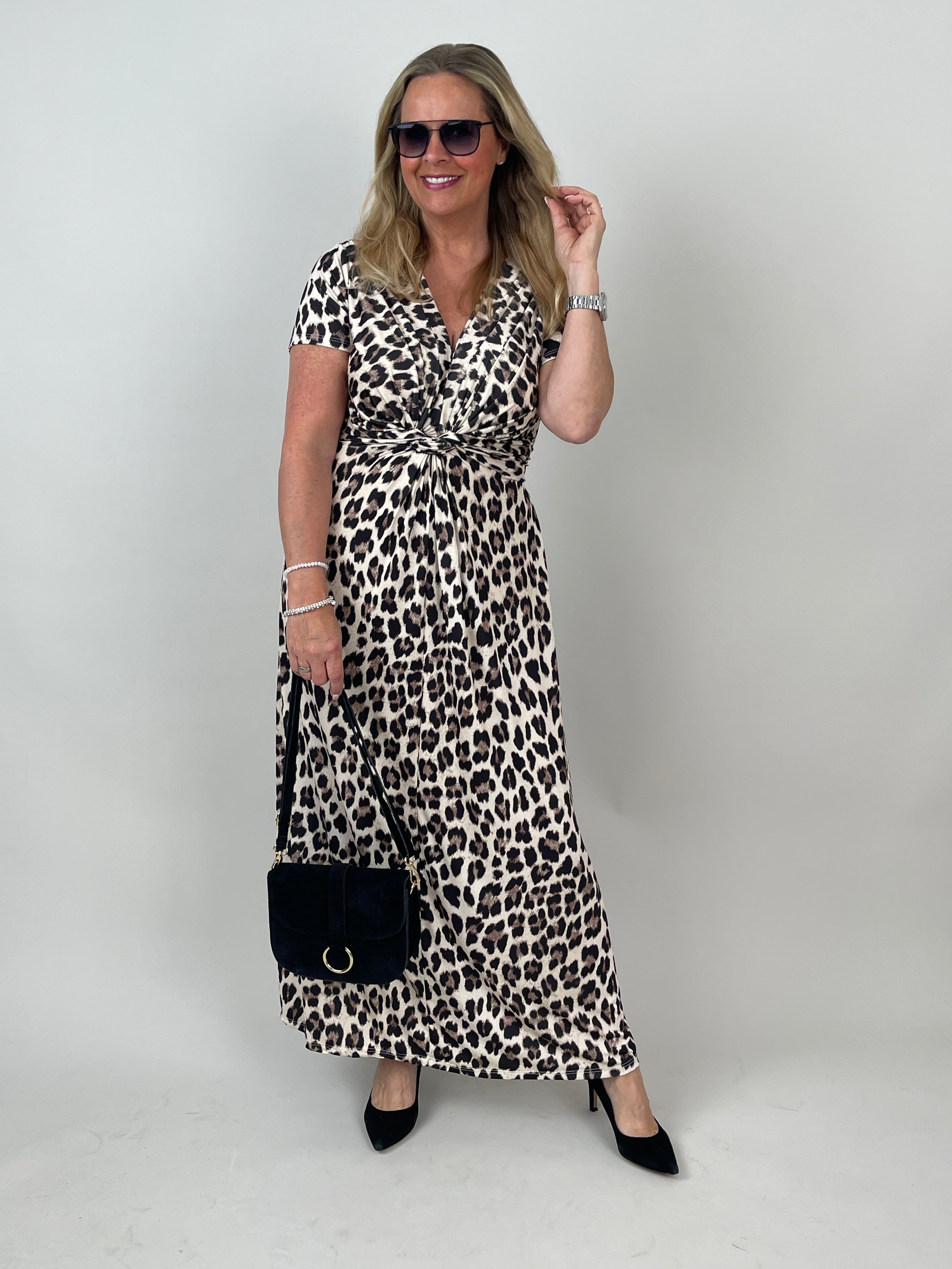 Kleid lang Kurzarm Kofferstoff Leo in Beige/Braun