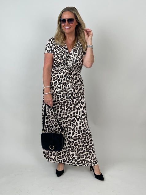 Kleid lang Kurzarm Kofferstoff Leo in Beige/Braun