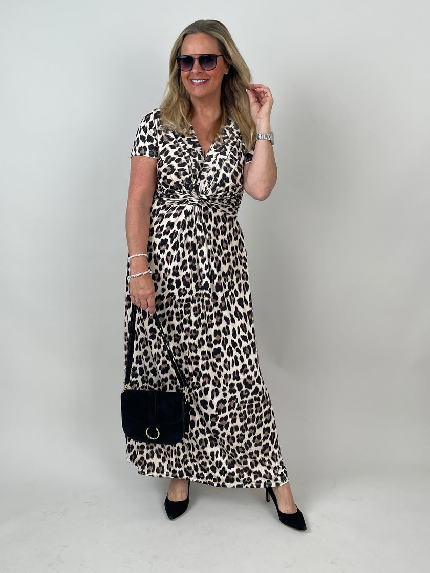 Kleid lang Kurzarm Kofferstoff Leo in Beige/Braun