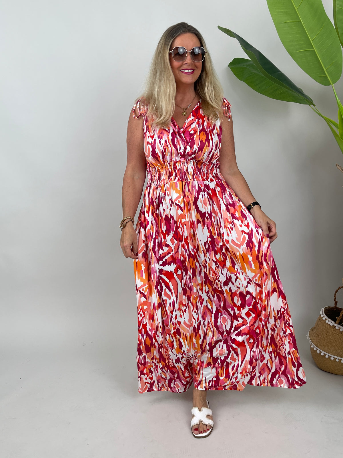 Kleid Maxi Kofferstoff Binde-Details Orange/Rot