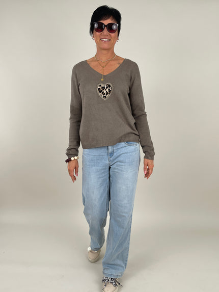 Pullover Feinstrick mit Herz in Taupe Art. 6380