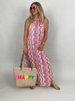 Neckholder-Kleid Maxi Kofferstoff Muster in Pink/Orange