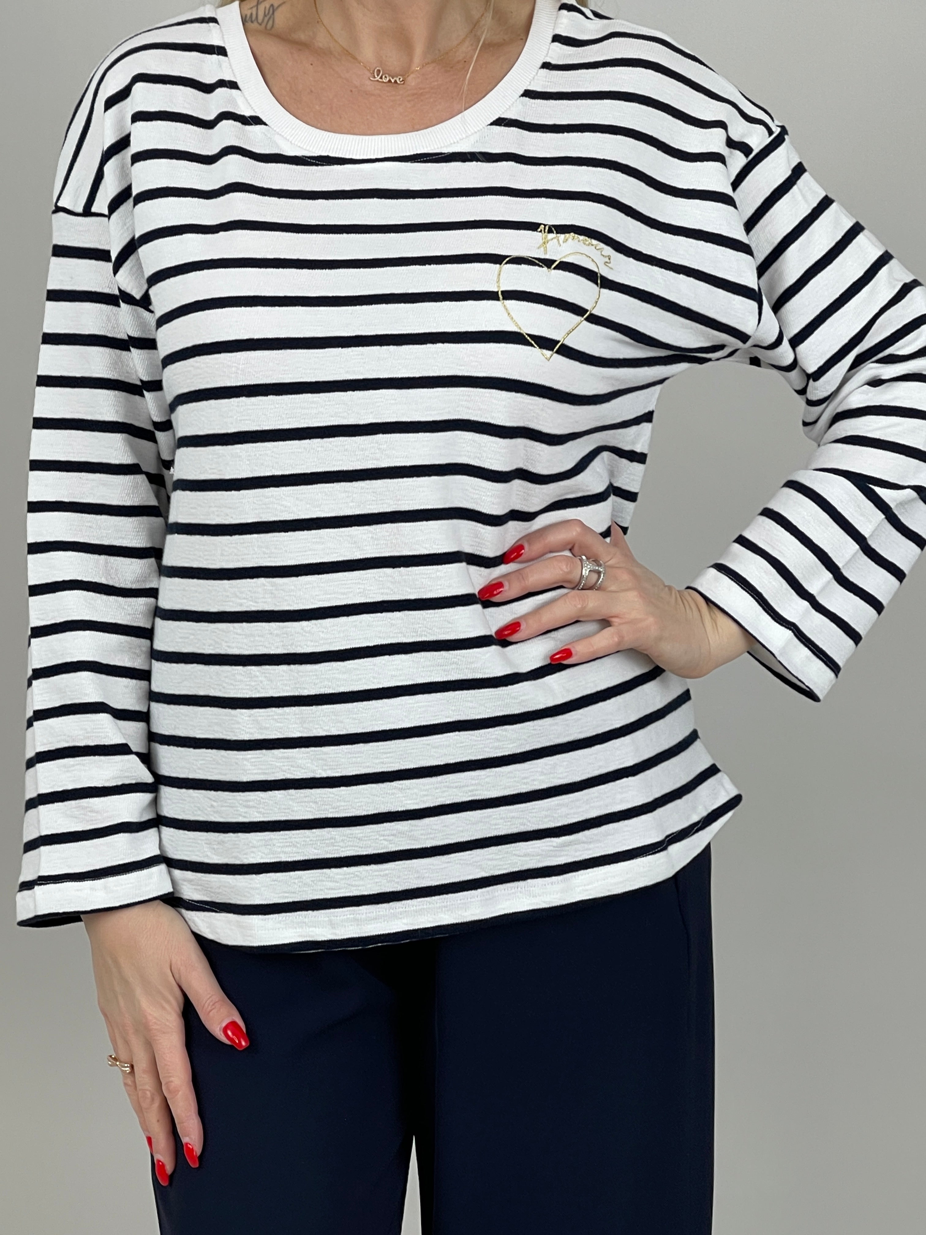 Pullover Feinstrick Streifen Marine/Weiß