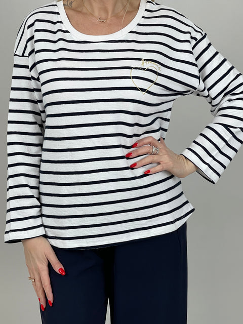 Pullover Feinstrick Streifen Marine/Weiß