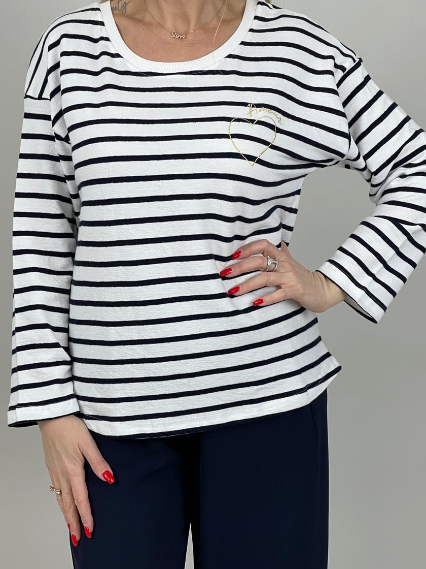 Pullover Feinstrick Streifen Marine/Weiß