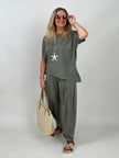 Hose Bundfalten Butterstoff in Khaki