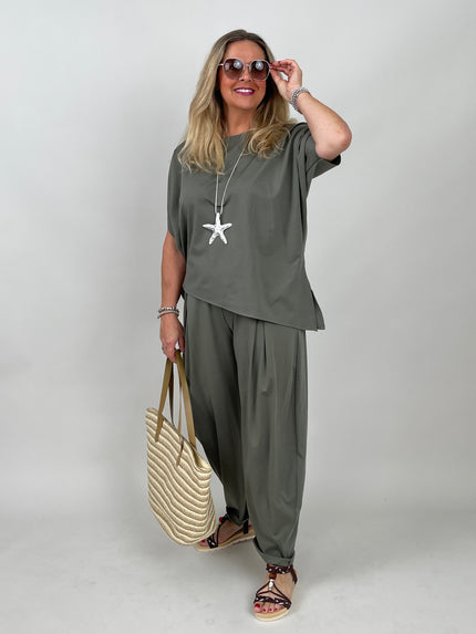 Hose Bundfalten Butterstoff in Khaki