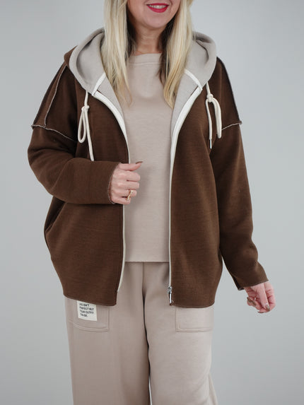 Jacke mit Kapuze Feinstrick in Mokka/Beige Artikel 6527