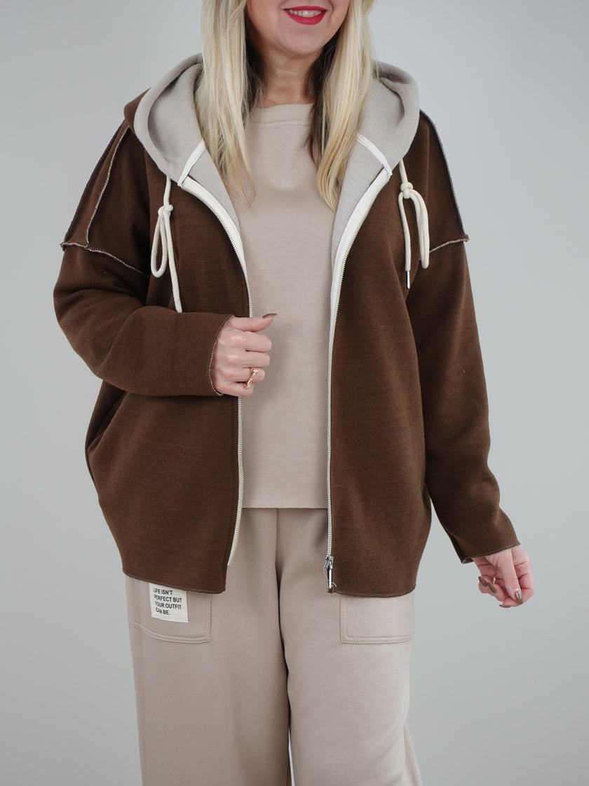 Jacke mit Kapuze Feinstrick in Mokka/Beige Artikel 6527