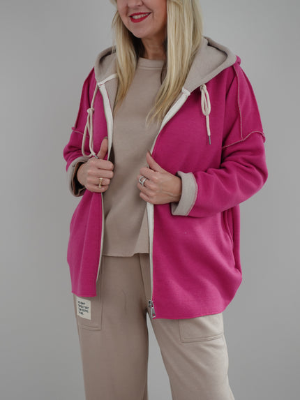 Jacke mit Kapuze Feinstrick in Pink/Beige Artikel 6526