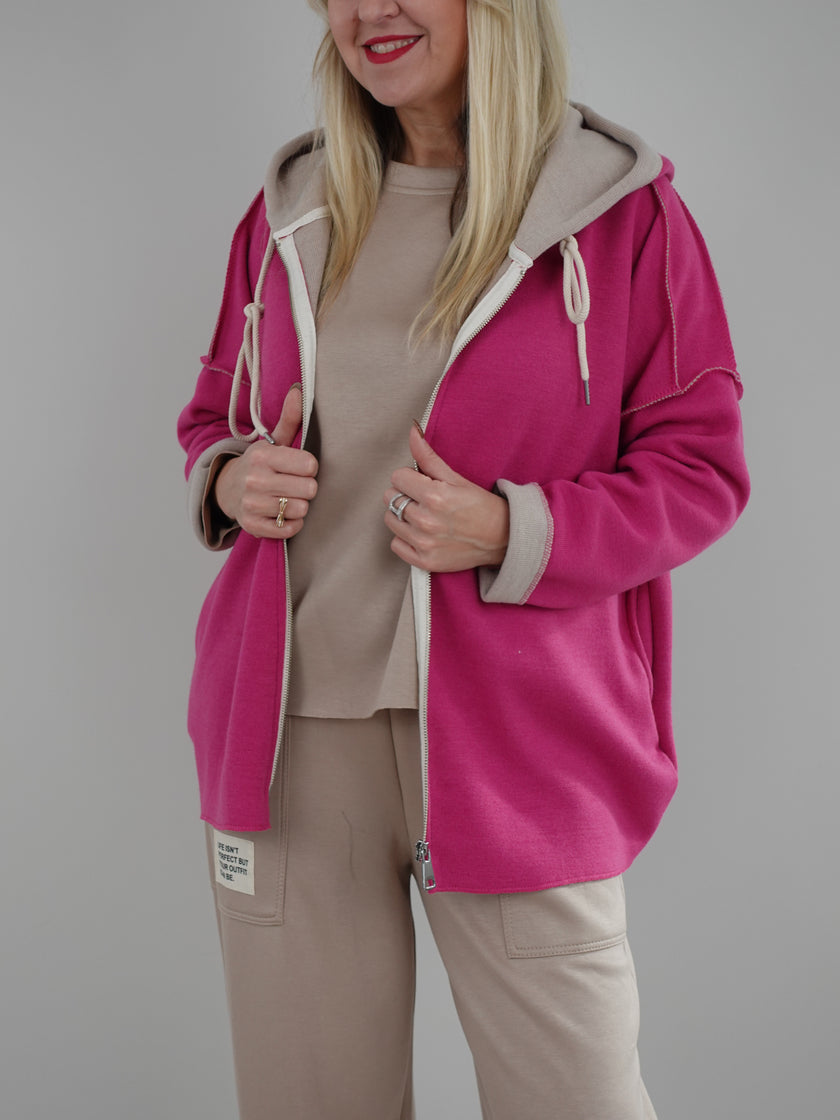 Jacke mit Kapuze Feinstrick in Pink/Beige Artikel 6526
