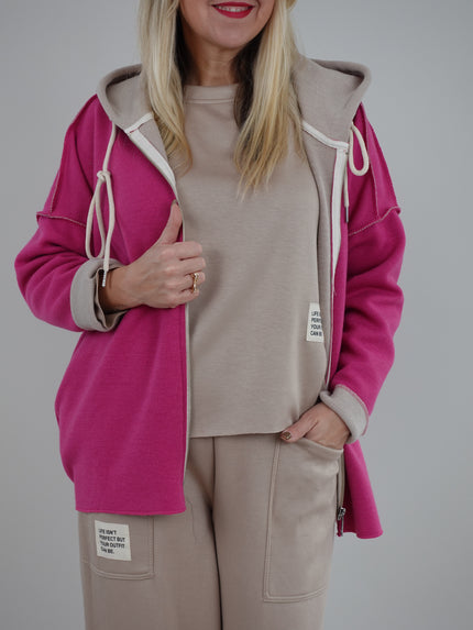 Jacke mit Kapuze Feinstrick in Pink/Beige Artikel 6526