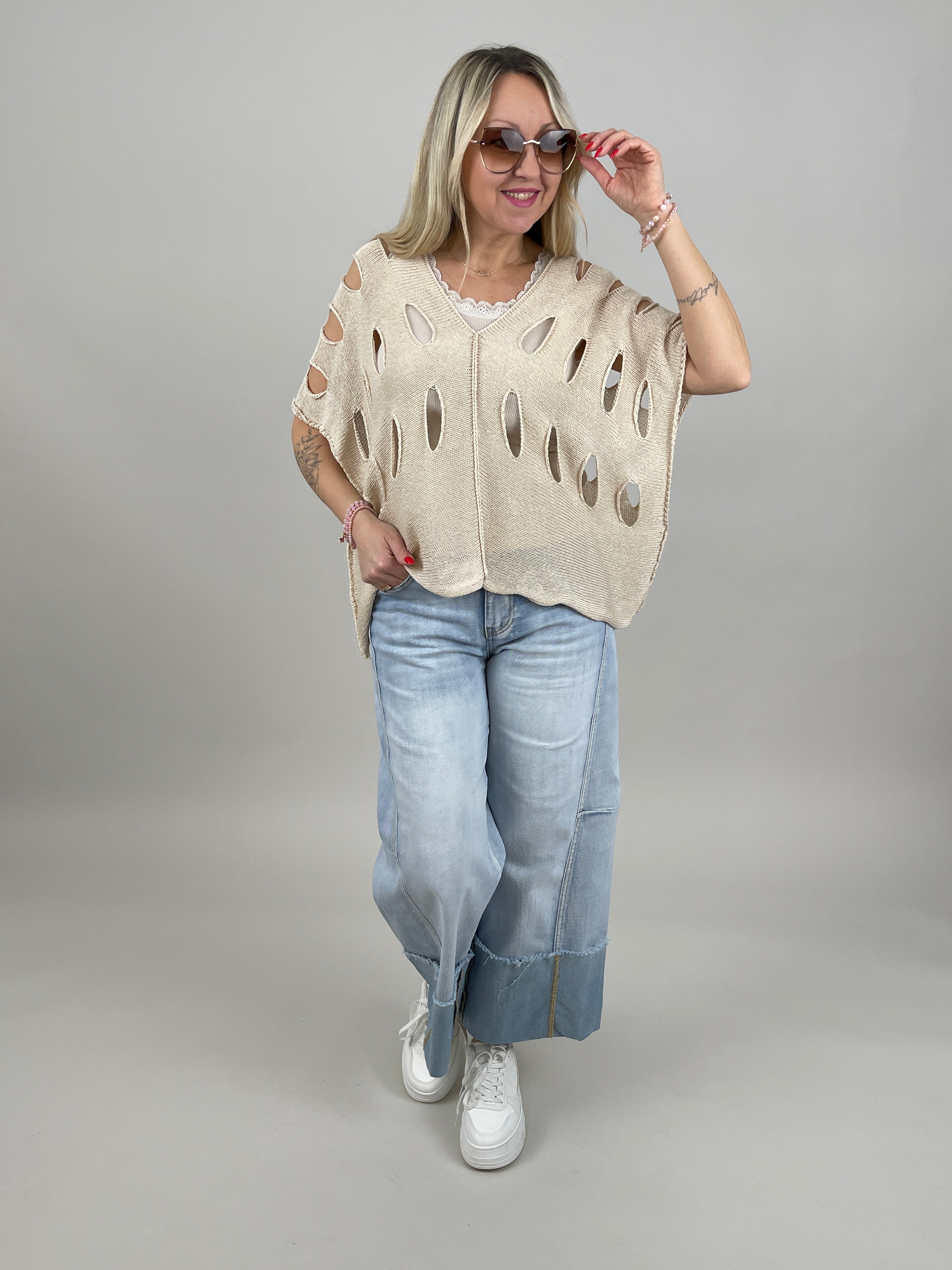Pullover Kurzarm großes Lochmuster in Beige