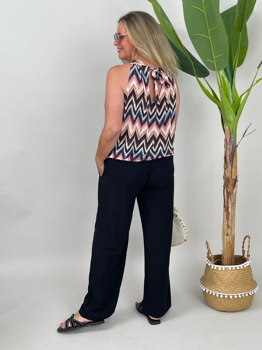 Neckholder Top Kofferstoff ZickZack in Schwarz/Rosa/Beige