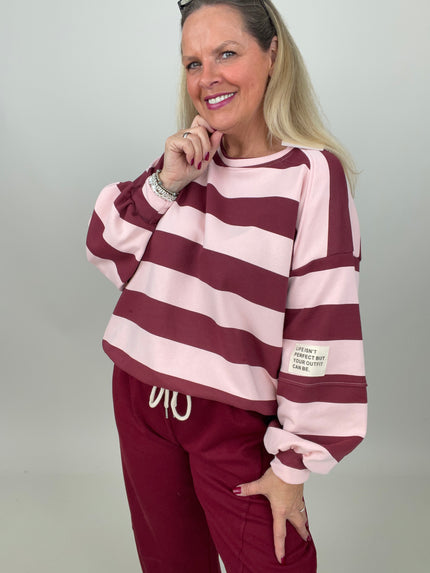 Sweatshirt mit Blockstreifen in Bordeaux/Rosa