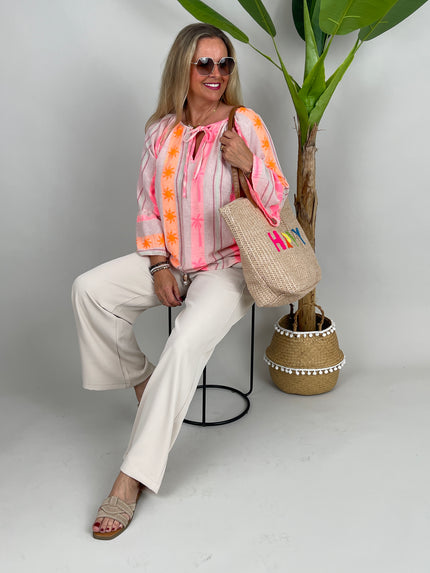 Boho-Bluse mit Neonstickerei in Pink/Orange