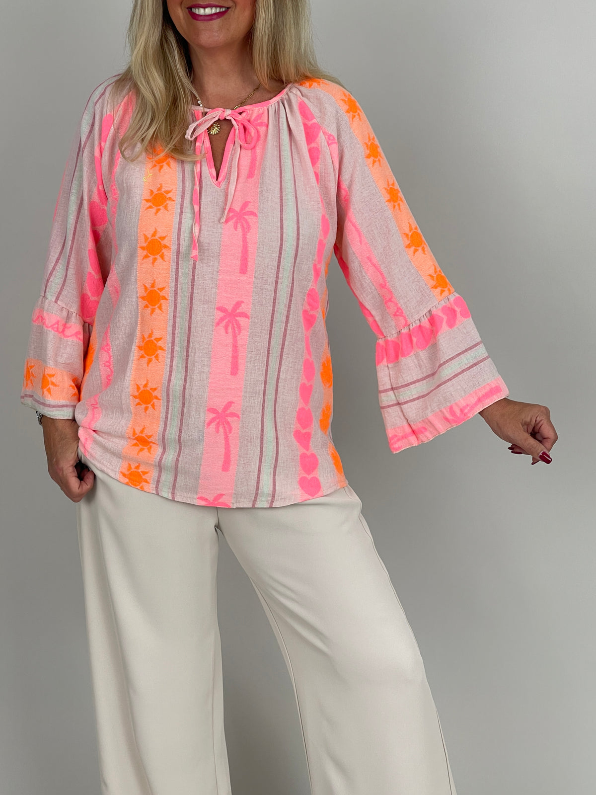 Boho-Bluse mit Neonstickerei in Pink/Orange