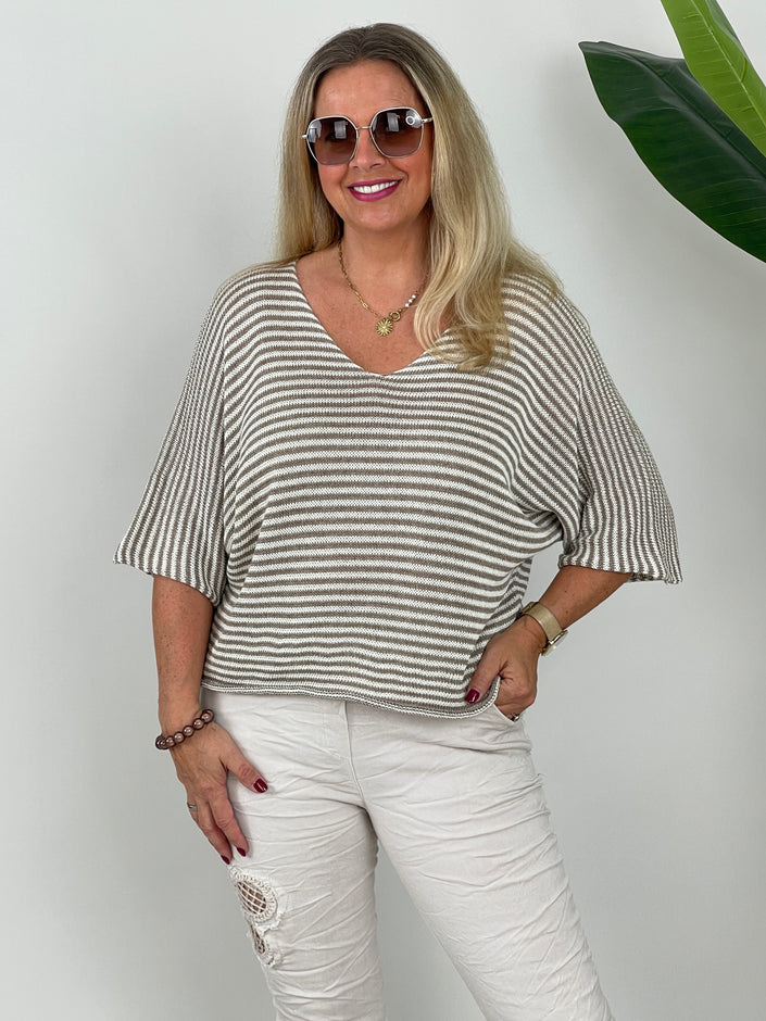 Leichter Strickpullover Streifen in Creme/Taupe