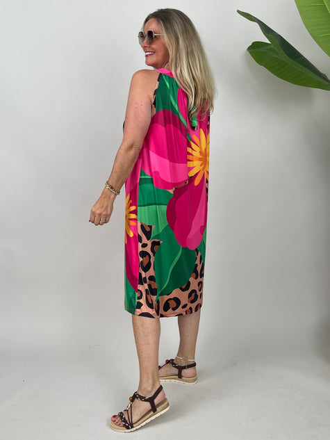Neckholder-Kleid Kurz Kofferstoff Muster Leo/Pink/Grün