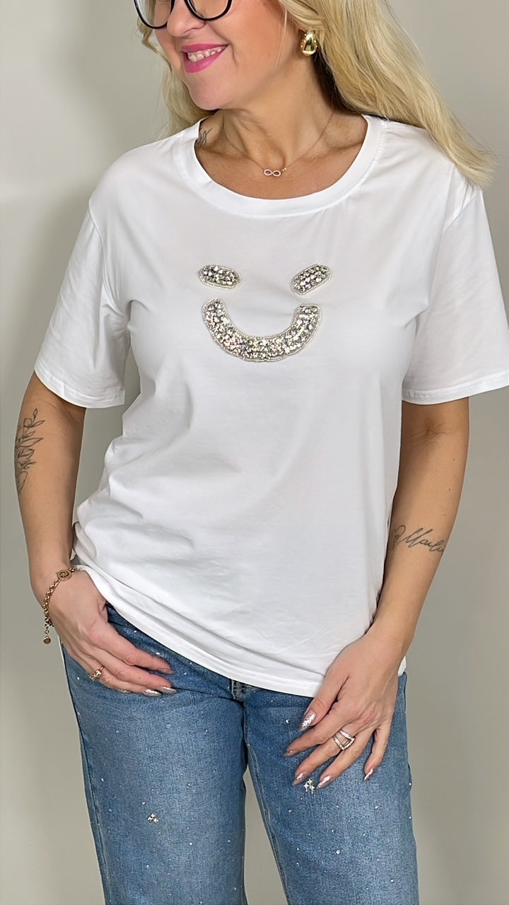 T-Shirt Smiley mit Applikationen in Weiß Artikel 5607