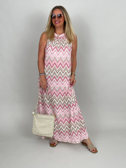 Neckholder-Kleid Maxi Kofferstoff ZickZack in Rosa