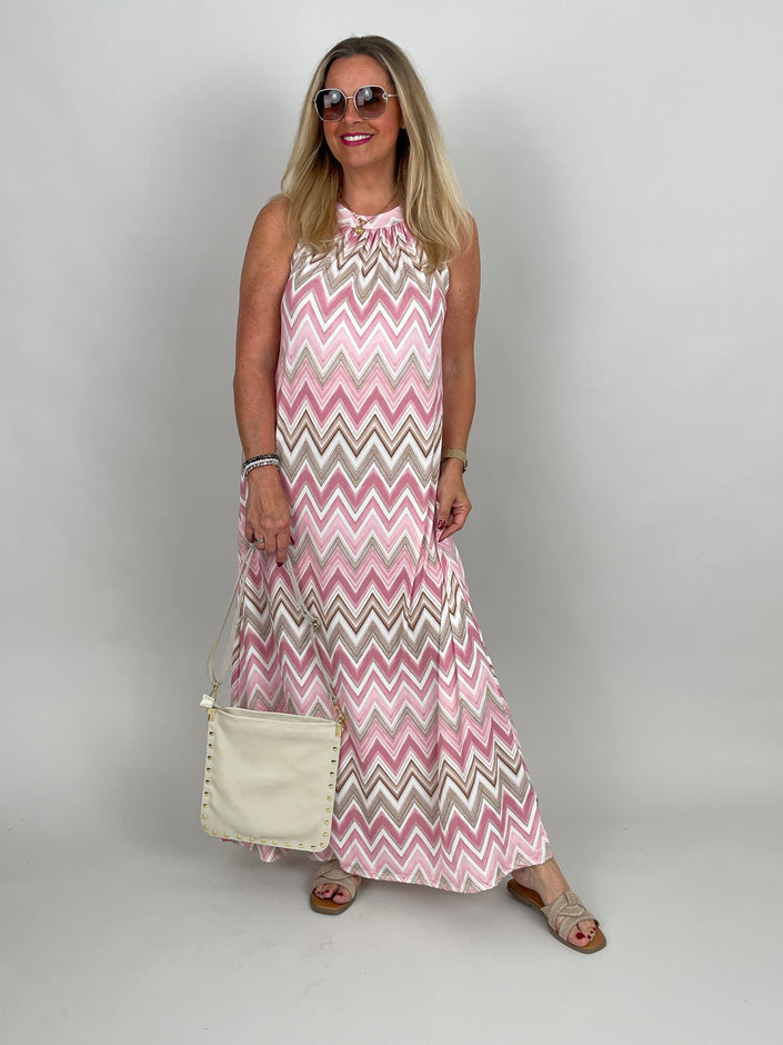 Neckholder-Kleid Maxi Kofferstoff ZickZack in Rosa