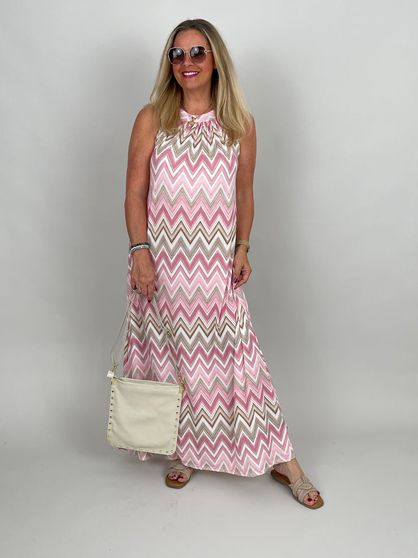Neckholder-Kleid Maxi Kofferstoff ZickZack in Rosa