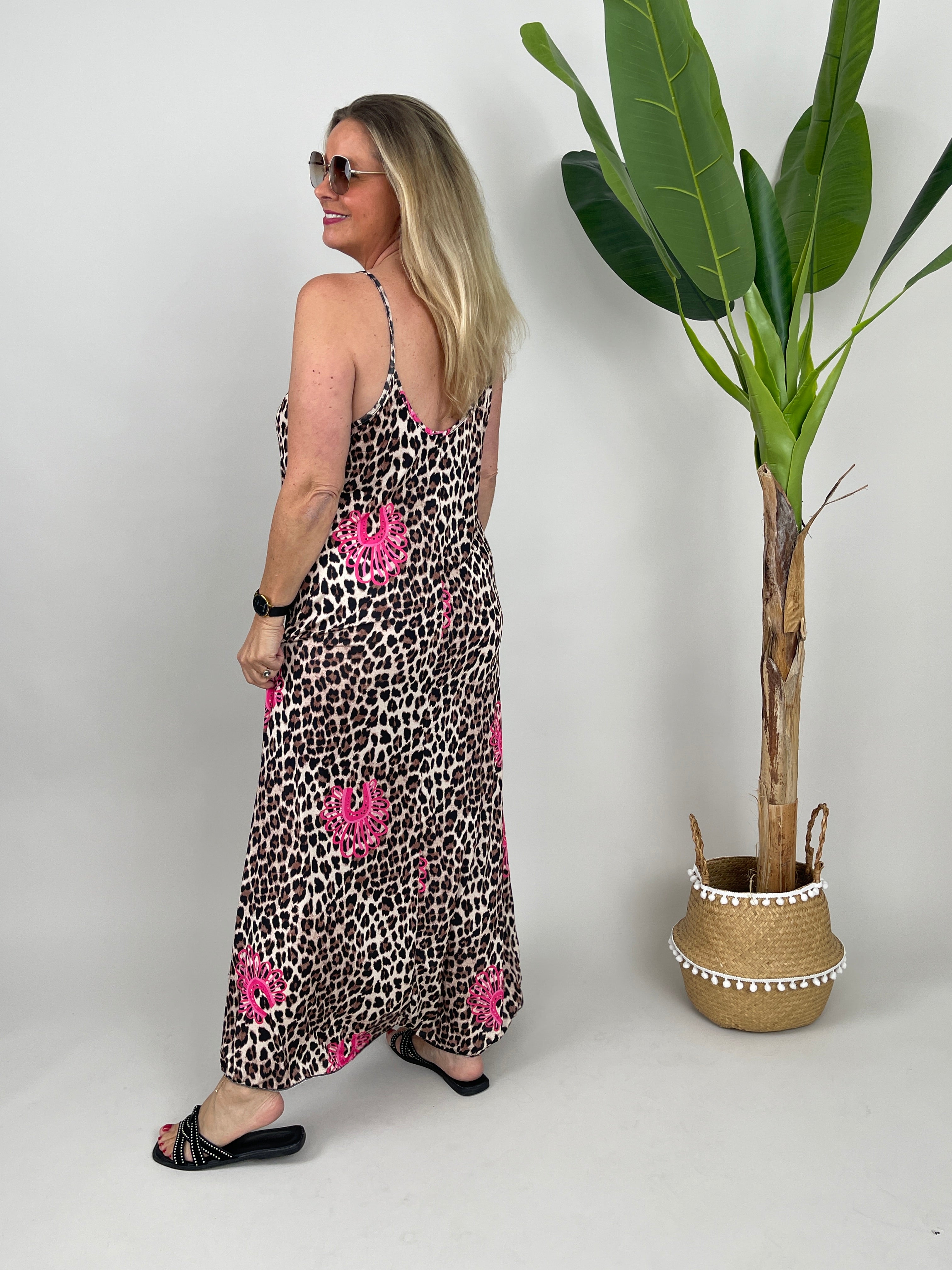 Maxikleid Spagettiträger Kofferstoff Leo mit Pink