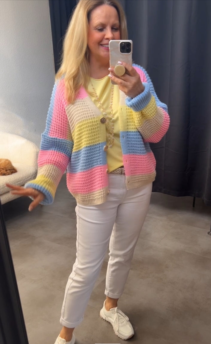 Cardigan Grobstrick gestreift in Hellblau/Pink Artikel 5822