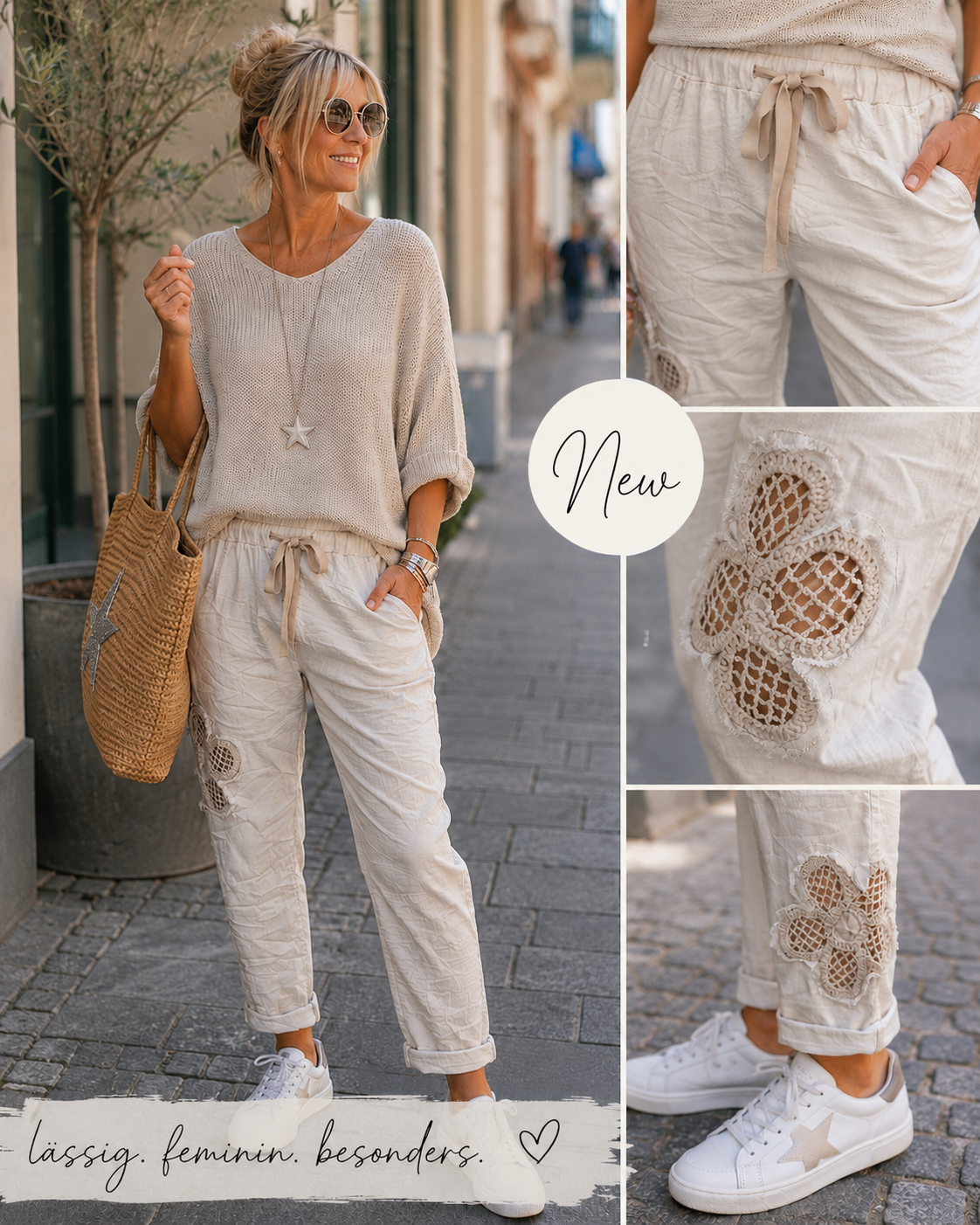 Hose mit Häkelblüten in Beige