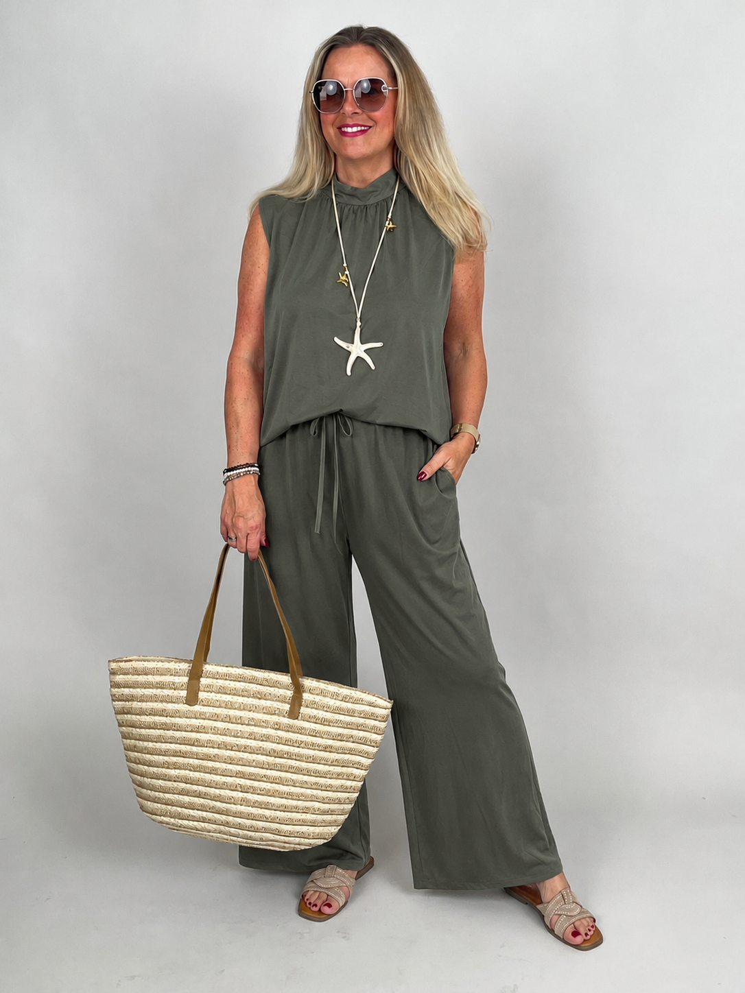 Top Butterstoff mit Schleife in Khaki