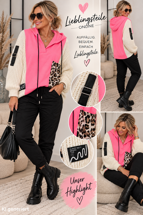 Grobstrickpullover oversized mit Leo Details Pink/Creme