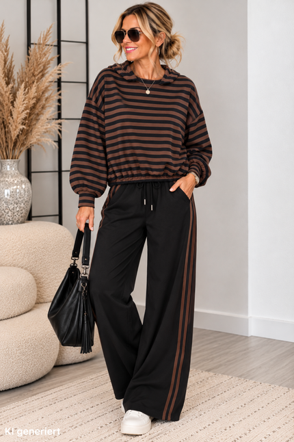 Sweatshirt mit Streifen in Mokka/Schwarz