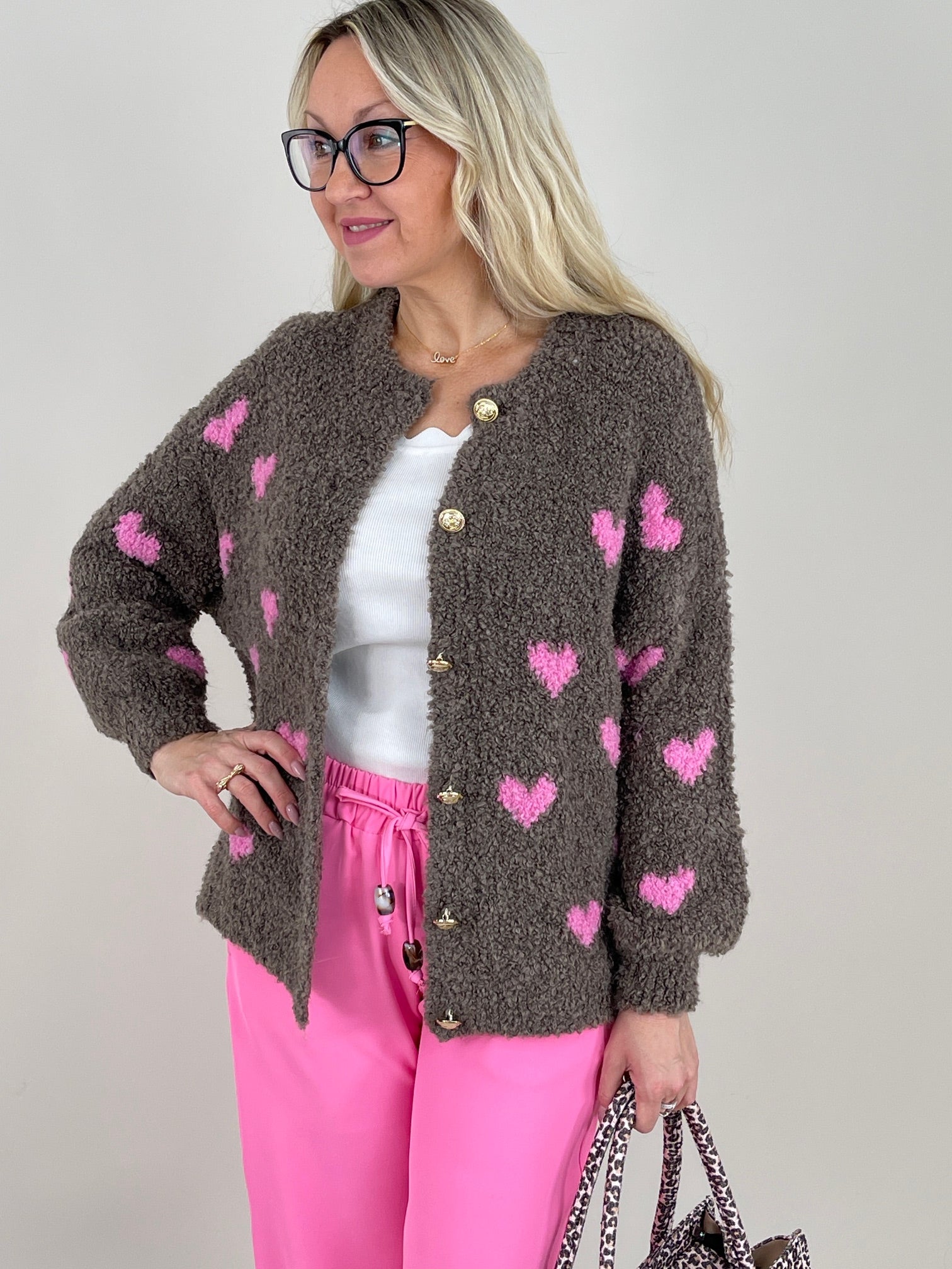 Cardigan Bouclé Herzmuster in Taupe