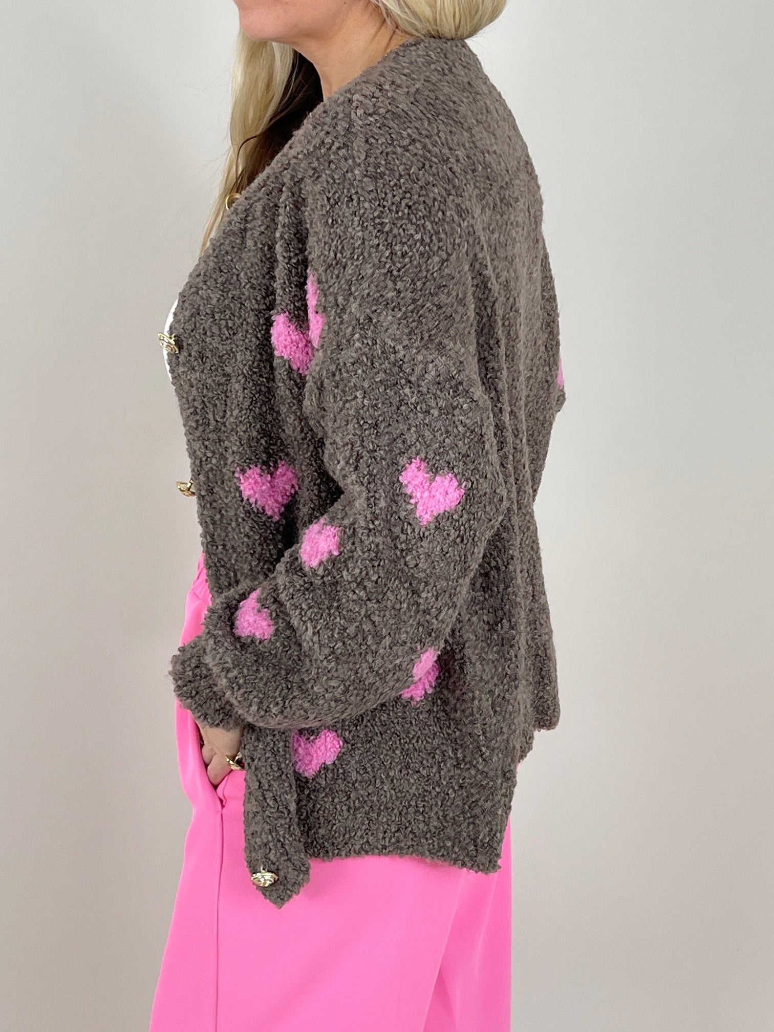 Cardigan Bouclé Herzmuster in Taupe