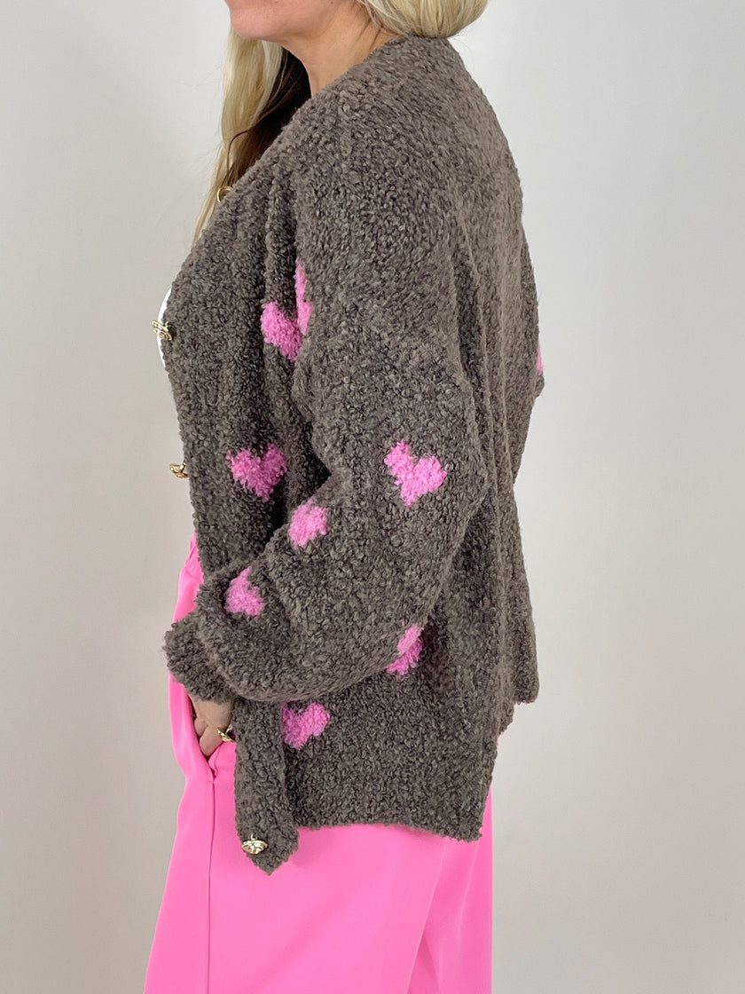Cardigan Bouclé Herzmuster in Taupe