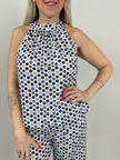 Neckholder Top Kofferstoff Punkte in Blau/Beige