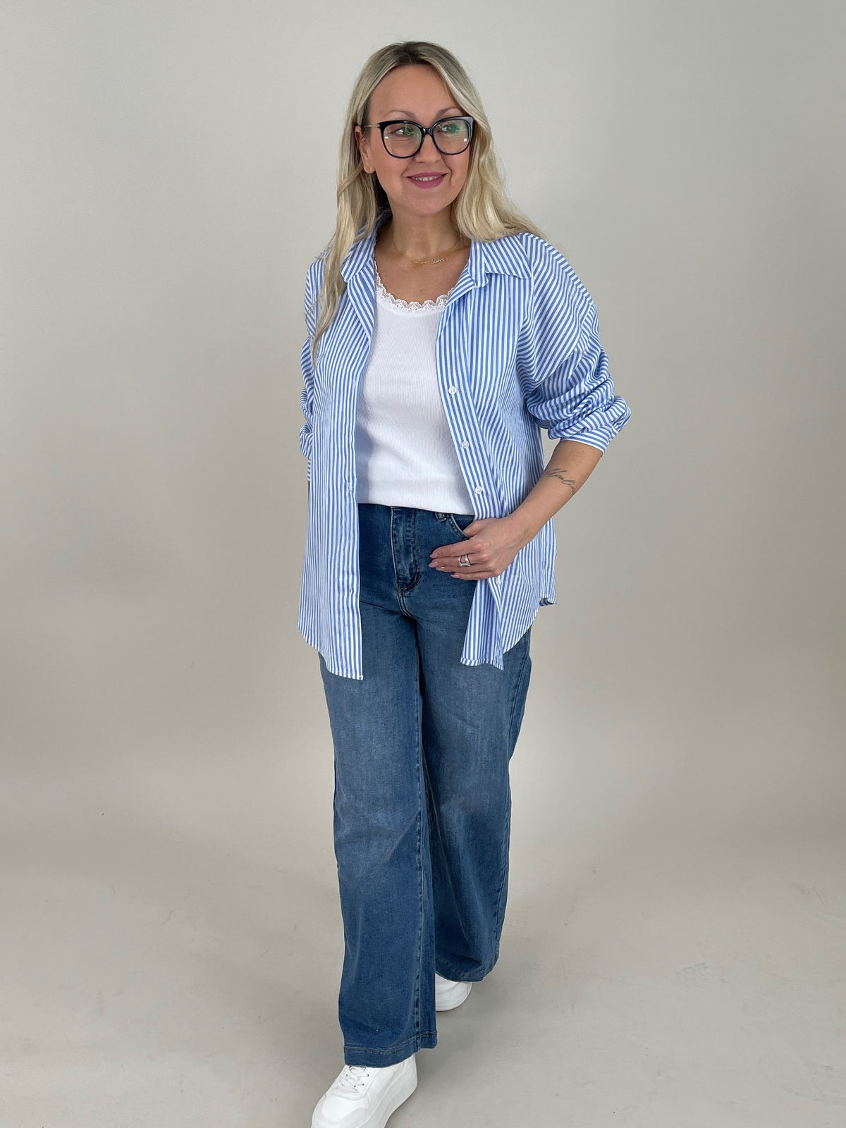 Bluse Streifen mit Rücken-Bestickung