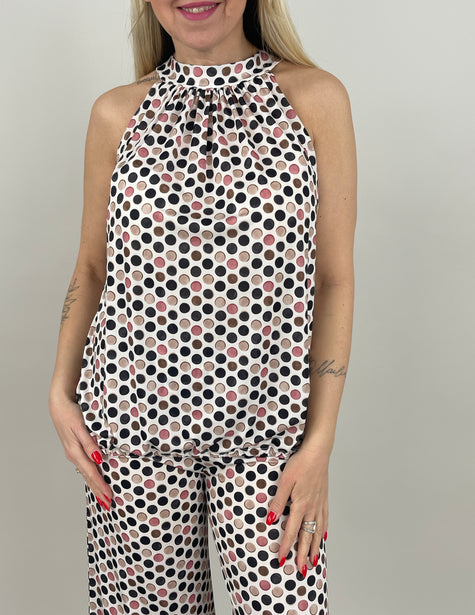 Neckholder Top Kofferstoff Punkte in Schwarz/Beige Art. 6997