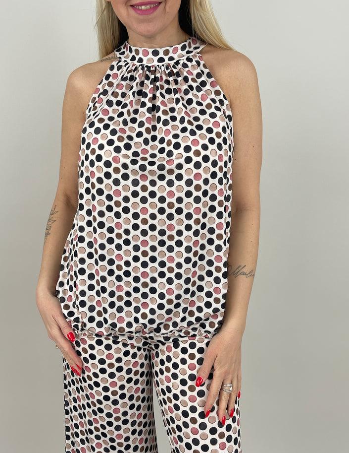 Neckholder Top Kofferstoff Punkte in Schwarz/Beige