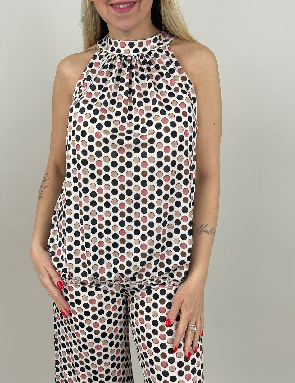Neckholder Top Kofferstoff Punkte in Schwarz/Beige