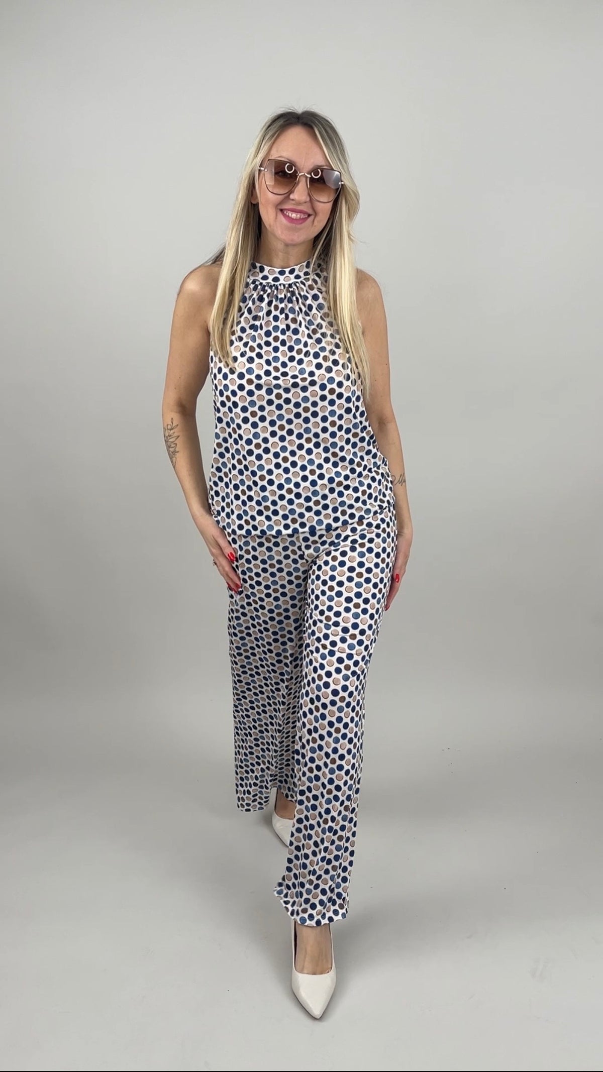 Marlene Hose Kofferstoff Punkte in Blau/Beige