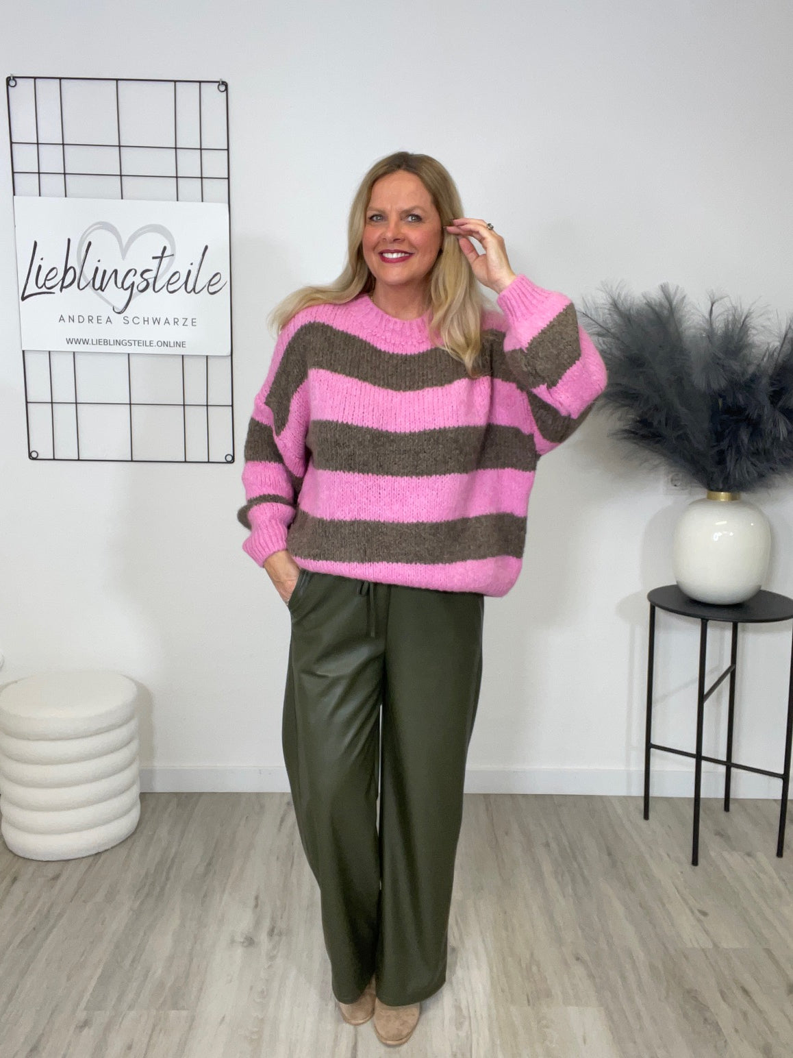 Pullover Grobstrick mit Streifen in Taupe/Pink Art. 6553