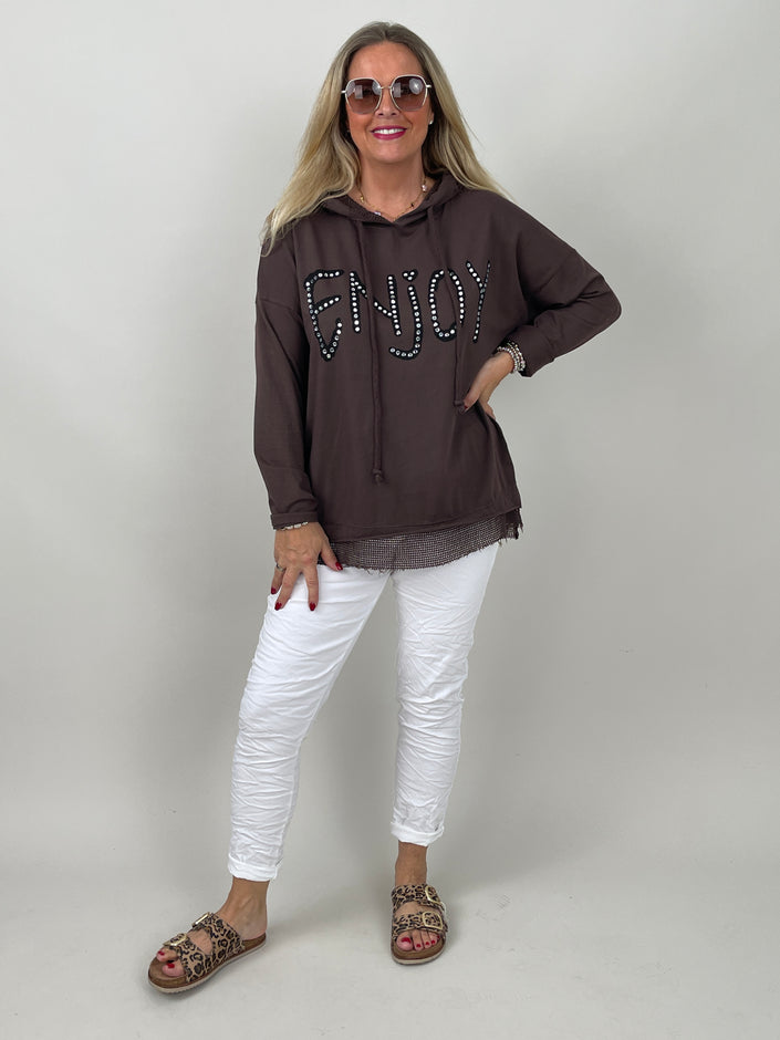Hoodie mit Glitzer-Schriftzug in Mokka