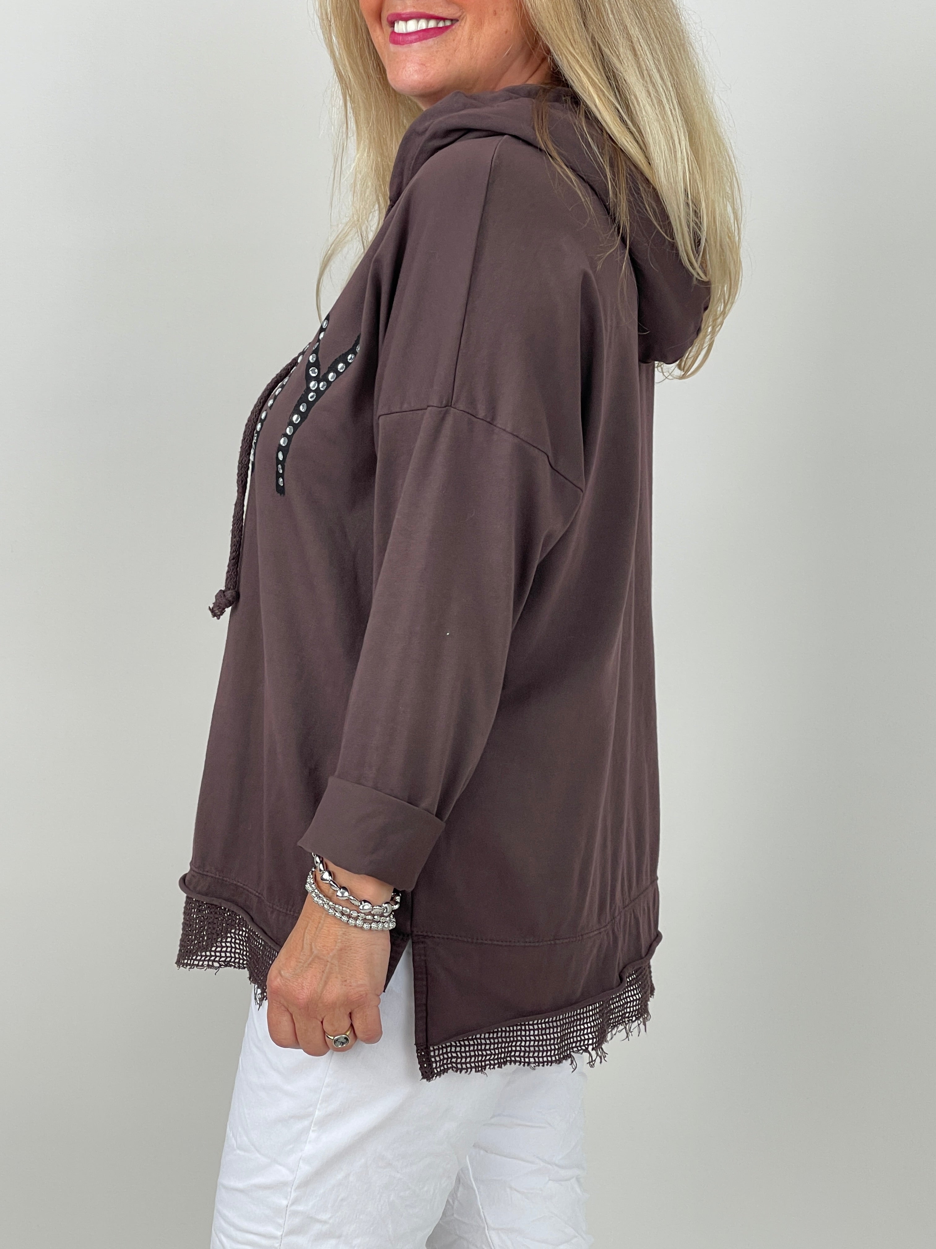 Hoodie mit Glitzer-Schriftzug in Mokka