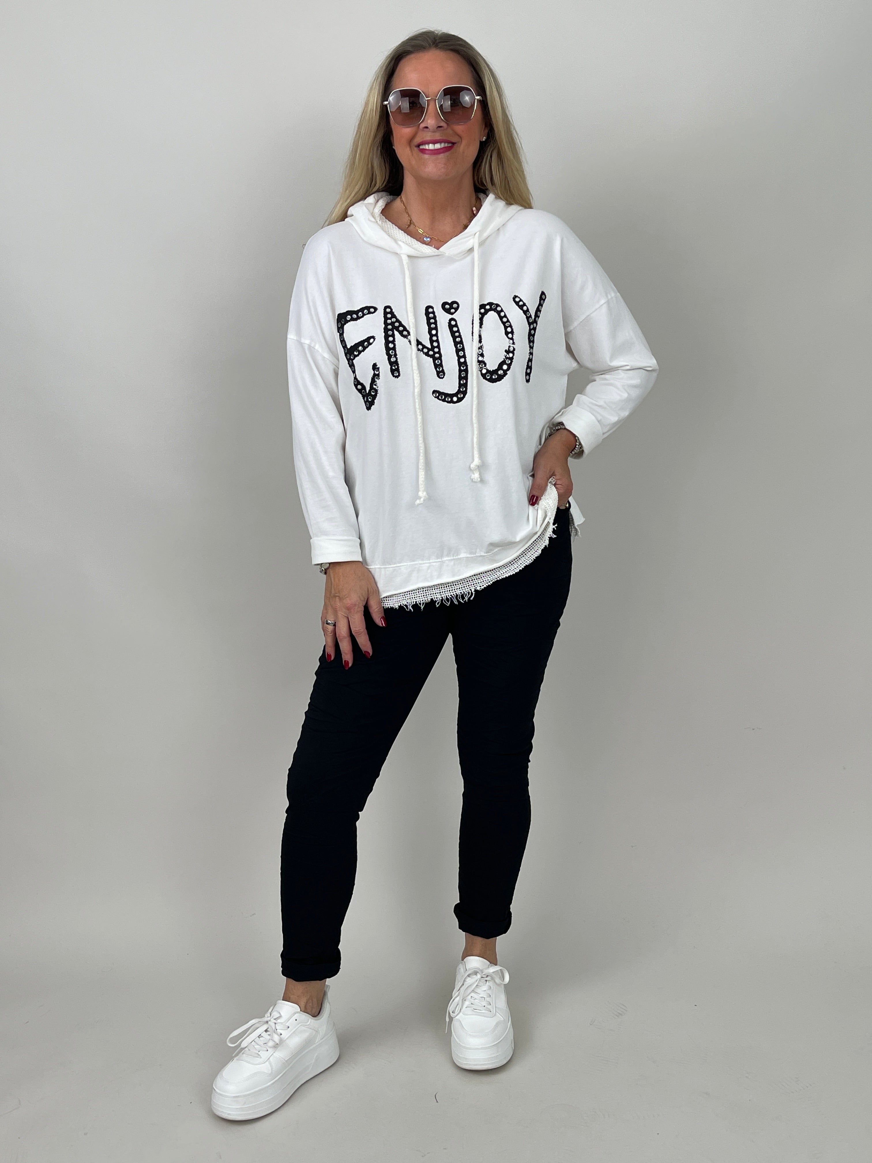 Hoodie mit Glitzer-Schriftzug in Offwhite