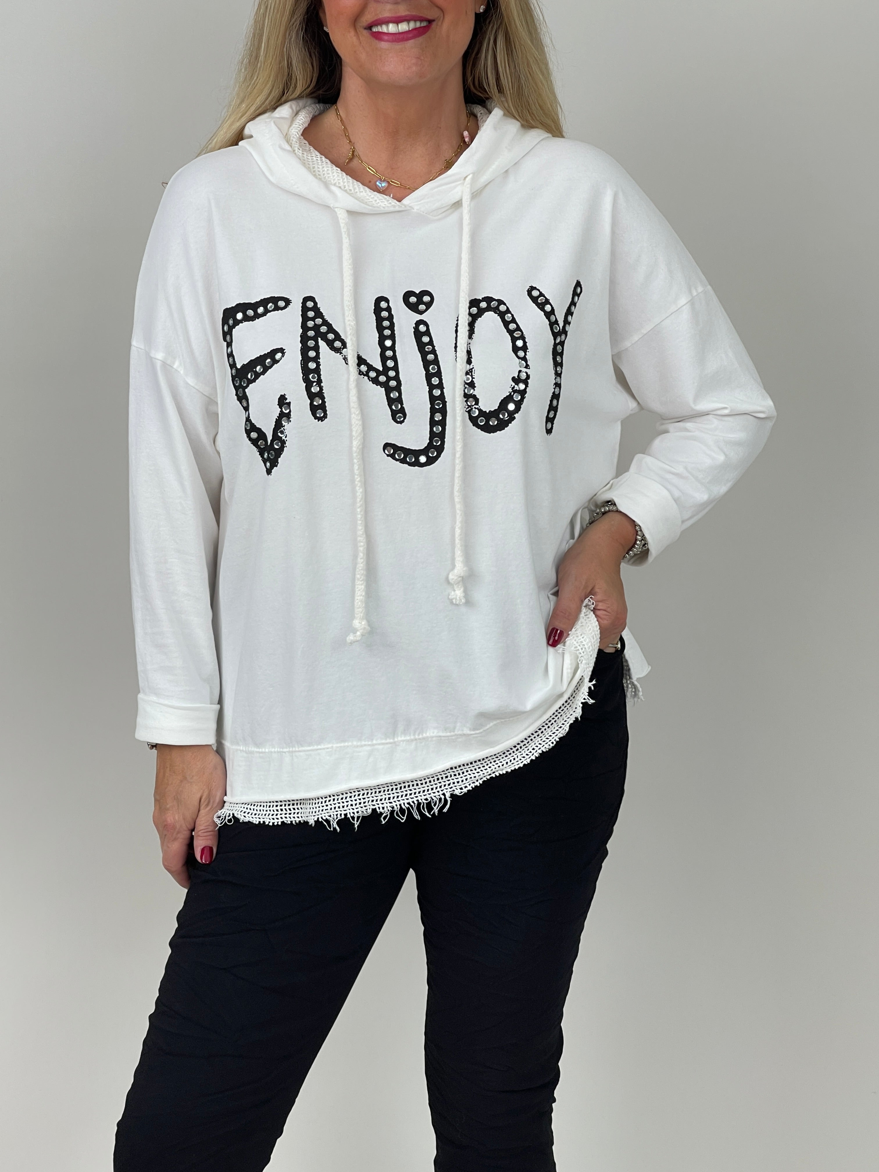 Hoodie mit Glitzer-Schriftzug in Offwhite